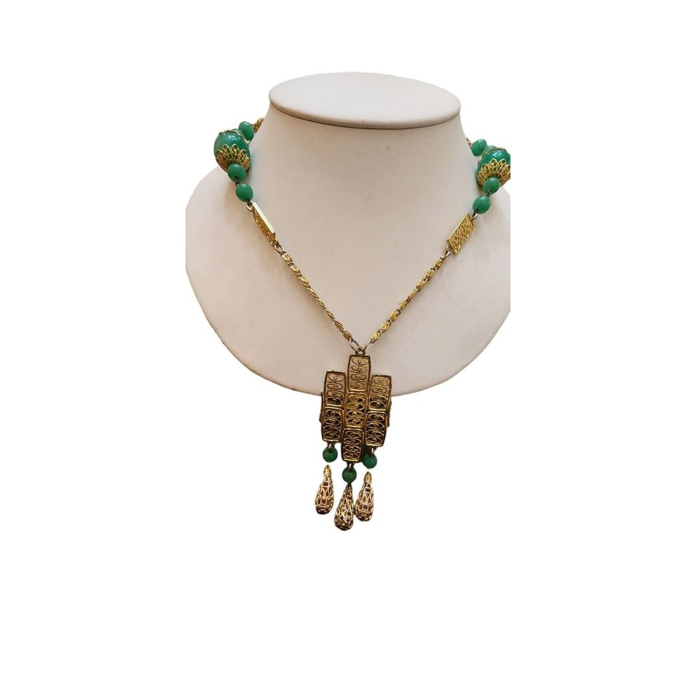 Antique 60's Glass & Acrylic Dangle Pendant Necklace (A3151)